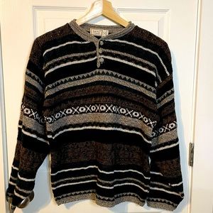 VTG 90s Bugle Boy knit henley striped knit sweater brown green white sz M